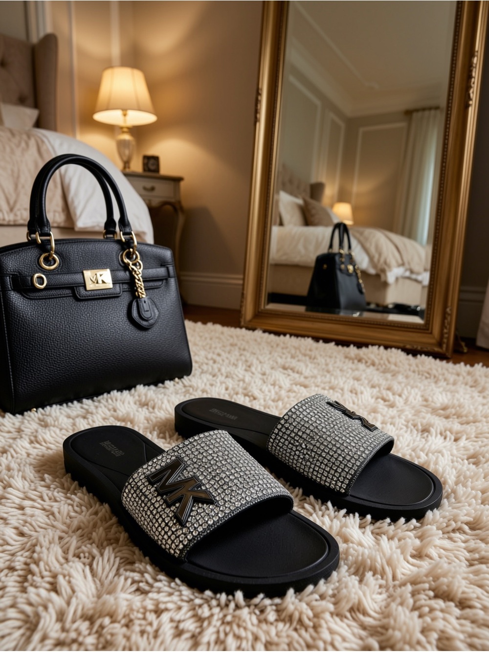 🆕MICHAEL KORS BLACK SLIDE SANDALS WITH SILVER CRYSTAL STRAP AND ICONIC MK LOGO